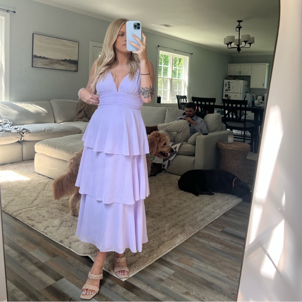 Lulus Celebration Time Lavender Sleeveless Tiered Midi Dress